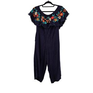 Peach Love‎ Navy Embroidered Floral Off Shoulder Jumpsuit M Vacation Cruise